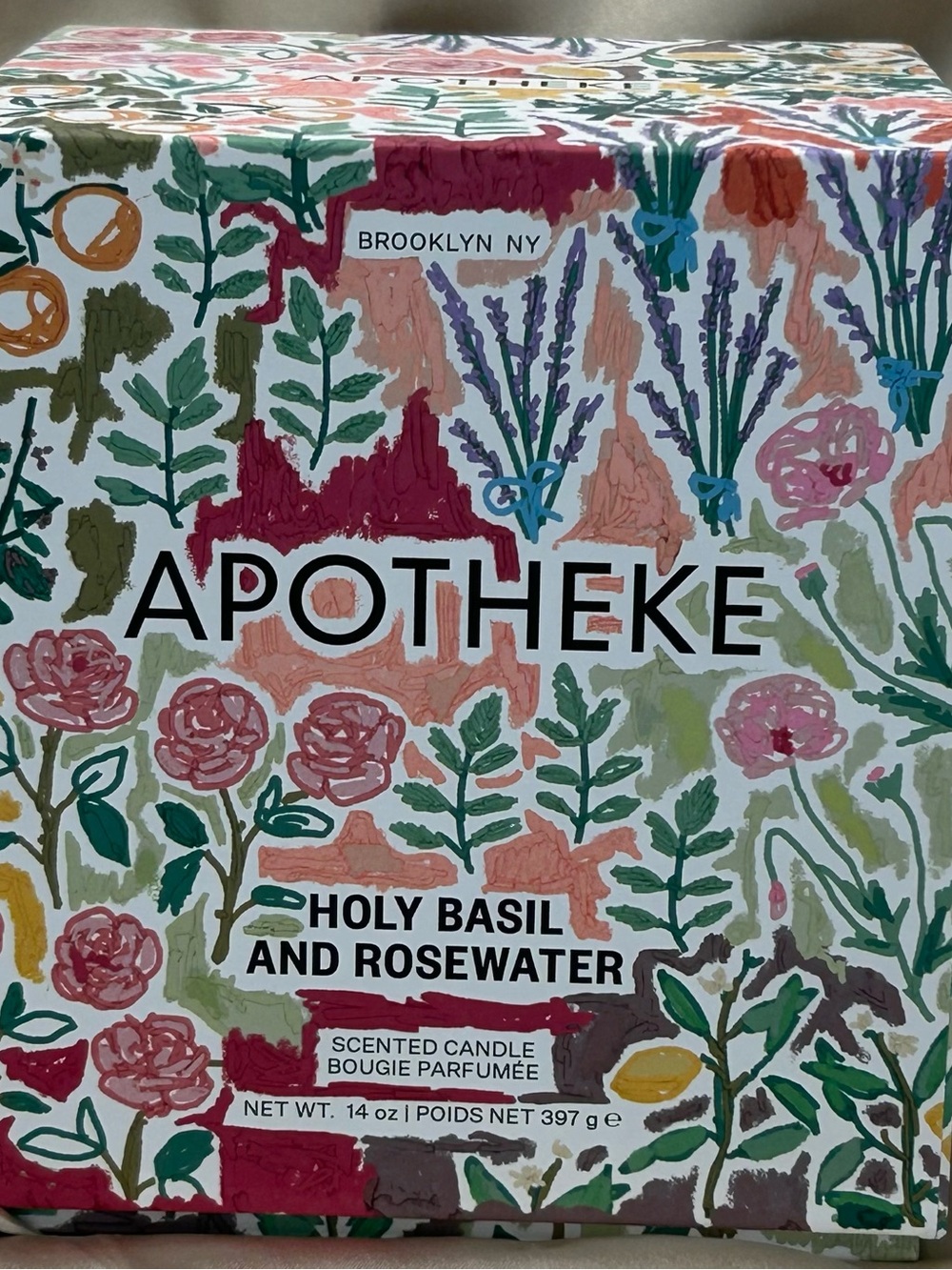 Apotheke Holy Basil and Rosewater Scented Candle - Floral Multicolor Packaging